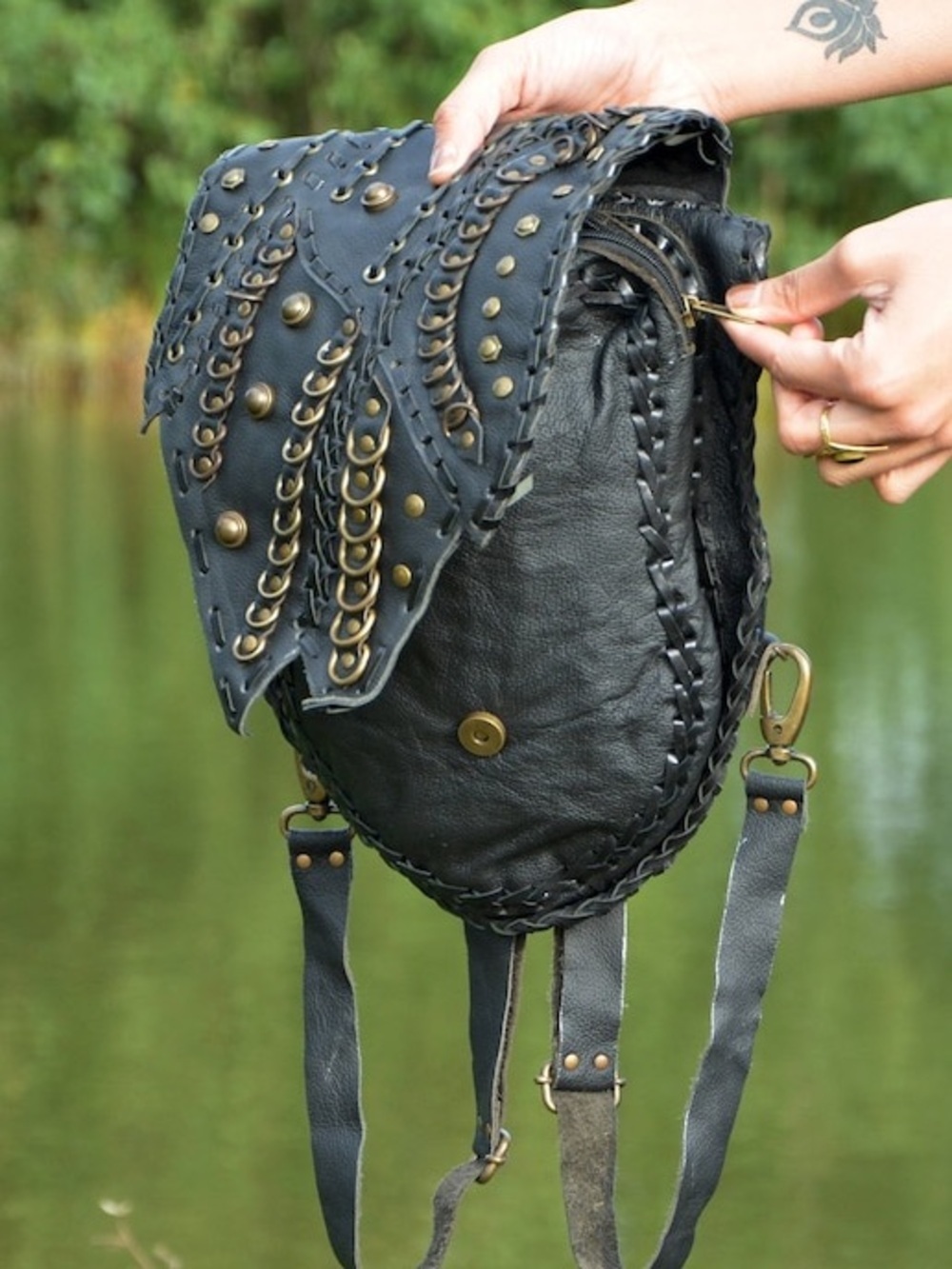 Steampunk Black Leather Zippered Studded Handmade Backpack